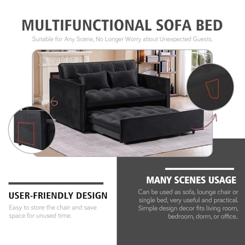 3 in 1 Convertible Sleeper Sofa Bed, 54'' Full Size Velvet Pull Out Futon Couch Recliner with Reclining Backrest & 2 Pillows, Small Loveseat Lounge Couches for Small Spaces (Black) Generic