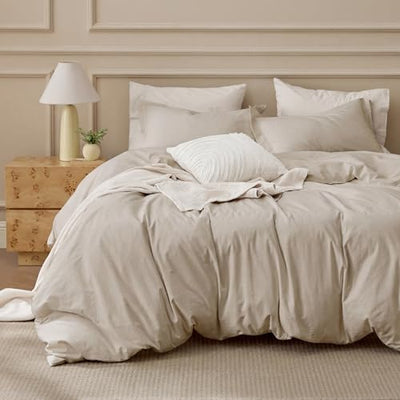 Bedsure 100% Washed Cotton Duvet Cover Queen Size - Oatmeal Minimalist Cotton Duvet Cover Linen Like for All Seasons - GentleSoft™ Plain Simple Bedding (Oatmeal, Queen, 90"x90")