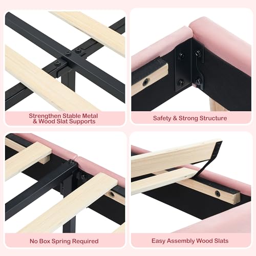 IDEALHOUSE Twin Bed Frames, Upholstered Platform Bed Frame with Bookcase Headboard, Velvet Platform Bed Mattress Foundation, Heavy Duty Steel Support Legs, Easy Assembly, Noise Free, Light Pink IDEALHOUSE