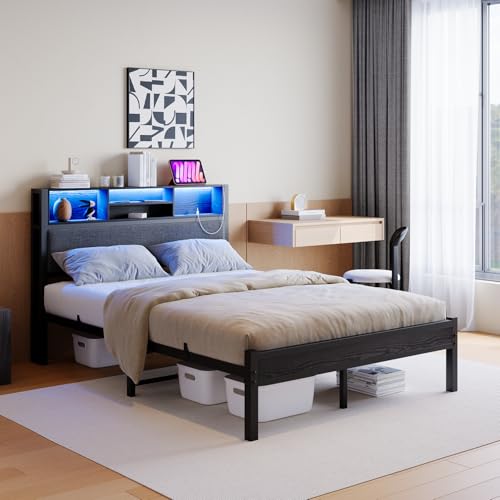 Crocofair Full Size Bed Frame with Charging Station and LED Lights,Upholstered Headboard with Storage Shelves, Metal Platform Bed Frame, Noise Free, No Box Spring Needed,Easy Assembly,Black Crocofair