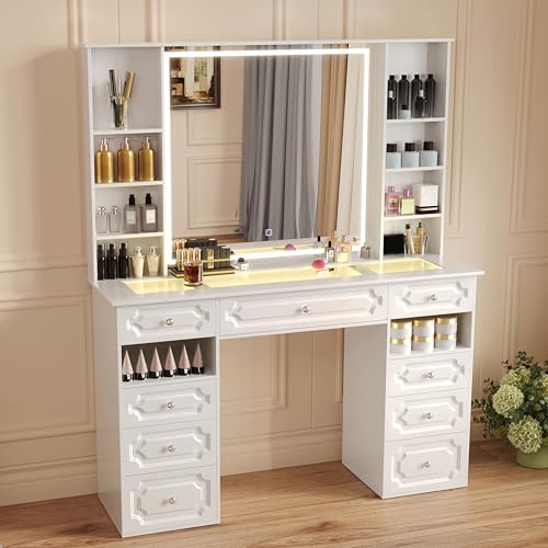 Wildhome Vanity with Mirror and Light, Vanity with Glass Top and 9 Drawers, Dresser Set with Storage Bench, Adjustable Brightness Dresser (White, Glass Table-B) Wildhome