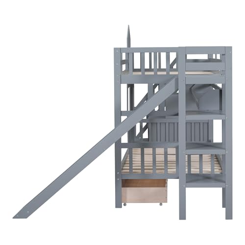Ball & Cast Twin-Over-Twin Castle Style Bunk Bed,Wood Bunkbed w/ 2 Drawers and 3 Shelves,Full-Length Fence,Bedframe with Slide & Storage Ladder,Space Saving,Slat Support,for Child's Bedroom,Gray Ball & Cast