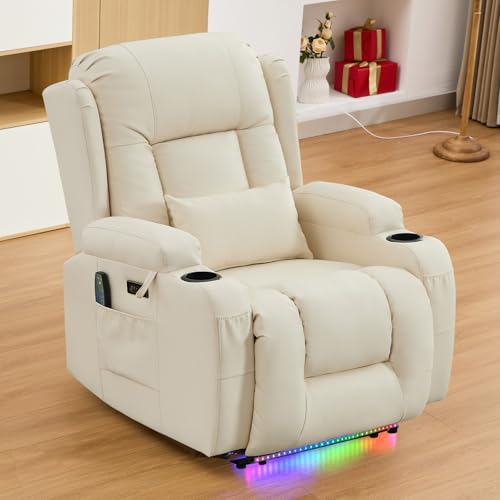 IPKIG Power Recliner Chair for Adults, Wall Hugger RV Recliners with LED Lights/USB Ports/Pillow/Side Pockets, Overstuffed Electric Recliner Sofa Chair for Living Room, Home Theater (1, Creamy White)