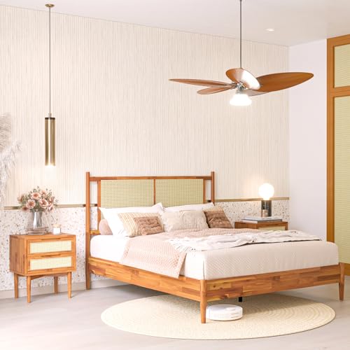 Oliver Queen Size Bed Frame - 15-Inch Mid Century Design with Rattan Headboard, Bohemian Style, No Box Spring Needed, Easy Assembly in Caramel Bme