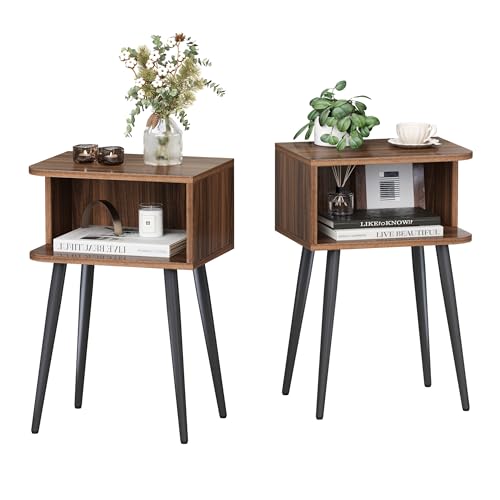 Nightstand Set of 2, Small Bed Side Table for Small Spaces, Mid Century Modern Nightstand End Table with Open Storage, Side Table for Bedroom Living Room, Walnut Brown MLBZ20R-2 MMEOLUOOK