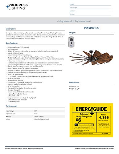 Progress Lighting P250000-129 Springer Collection DC Motor Windmill Farmhouse, 60-Inch, 12-Blade Ceiling Fan, Architectural Bronze Progress Lighting