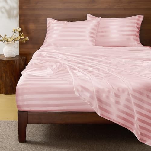 BEDELITE Satin Sheets Queen Size, Luxury Jacquard Striped Pink Bedsheets Set with Elastic Corner Straps, Similar to Silk Sheets Set 4 PC with 1 Deep Pocket Fitted Sheet, 1 Flat Sheet, & 2 Pillowcases BEDELITE