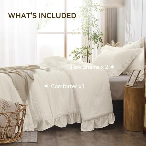JOLLYVOGUE Ivory King Comforter Set, 3 Pieces Seersucker Comforters King Size, Lightweight & Fluffy Bedding Sets King for All Season with 1 Ruffle Comforter and 2 Ruffle Pillowshams JOLLYVOGUE