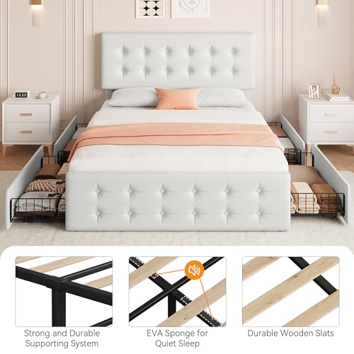 IDEALHOUSE Full Size Bed Frame with 4 Storage Drawers and Headboard, Faux Leather Upholstered Platform Bed Frame with Wooden Slats Support, Button Tufted Design, No Box Spring Needed, Beige IDEALHOUSE