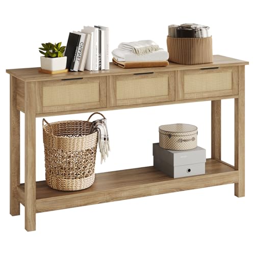 Luoxiao Rattan Console Table Boho Entryway Table with 3 Drawers Storage, Narrow Long Behind Couch Sofa Table for Living Room Side Table Entry Way Table Entrance Hallway Foyer, Natural, 47 Inch Luoxiao