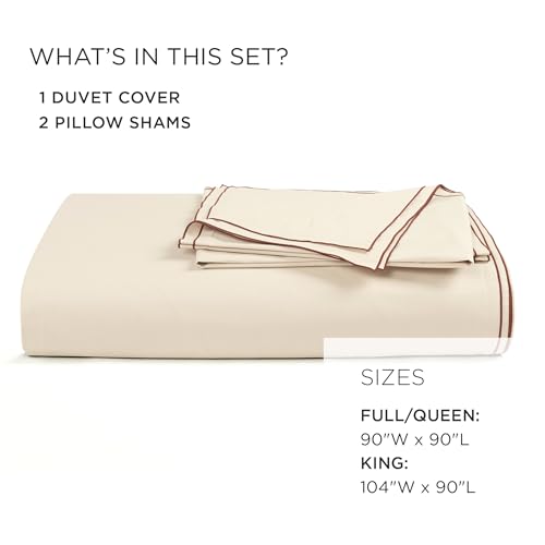 Lush Decor Hampton Double Flange Embroidered Contrast Edge Cotton Duvet Cover Set, 3 Piece Set, Full/Queen, Neutral & Copper - Luxury Hotel Bedding Set - Beige Duvet Cover - Minimalist Decor Lush Decor