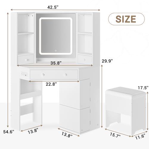BTHFST Corner Vanity Desk with Lights and Charging Station, Makeup Vanity with Lights, Vanity Set with Mirror and Storage Stool, Makeup Table with Drawers, Rotating Shelves, White BTHFST