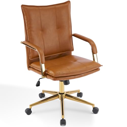 MOJAY Office Chair, Leather Desk Chair, Brown Desk Chair, Mid Century Modern Office Chair, Swivel Comfy Upholstered Executive Desk Chair with Gold Legs and Armrests for Home, Office (Camel&Golden) MOJAY