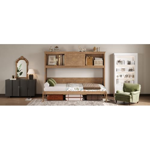 Harper & Bright Designs Twin Size Murphy Bed with Storage Drawer, Open Cabinets and Charging Station, Wood Color Harper & Bright Designs