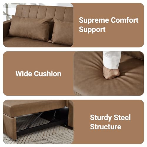 N NOORDENIYA 55'' Leather Sofa Bed, Pull Out Sleeper Sofa Couch Bed, Loveseat Sleeper, Futon Sofa Couch with Side Pocket, Convertible Sofa Bed for Living Room, Apartment, Bedroom, RV, Brown N NOORDENIYA