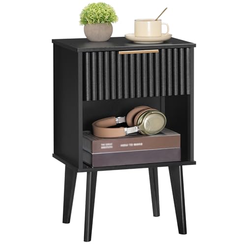 MAHANCRIS End Table, Fluted Night Stand, Modern Side Table, Small Bedside Table with 1 Drawer and 1 Open Compartment, Mid Century Nightstand, for Living Room, Bedroom, Study, Office, Black ETBK6201 MAHANCRIS