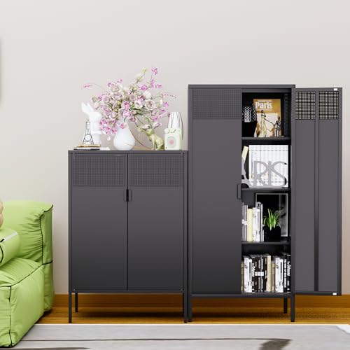 Ustamio 61 Inches Metal Storage Cabinet with Doors and Shelves, 4 Tier Kitchen Pantry Cabinet, Metal Cabinet for Home Office, Dinning Room, Laundry Room, Living Room, Bathroom and Utility Room (Black) Ustamio
