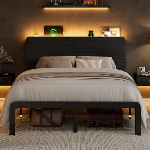 Feonase Full Size Bed Frame with Ergonomic Storage Headboard & Charging Station, LED Platform Bed Frame, Heavy Duty Metal Slats, No Box Spring Needed, Easy Assembly, Black Feonase