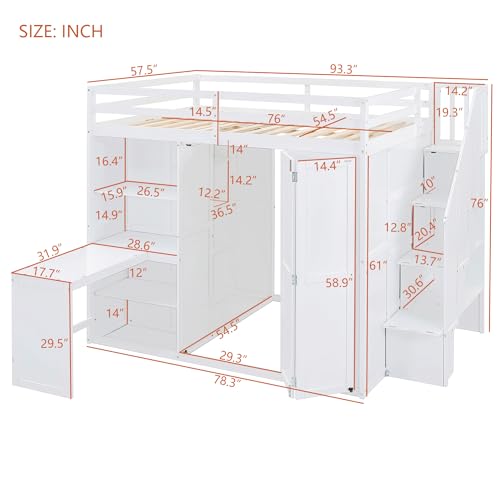 Harper & Bright Designs Full Size Loft Bed with Stairs and Desk, Wood Full Loft Bed with Wardrobe & Storage Shelves, Full Storage Bed for Kids Teens, White Harper & Bright Designs