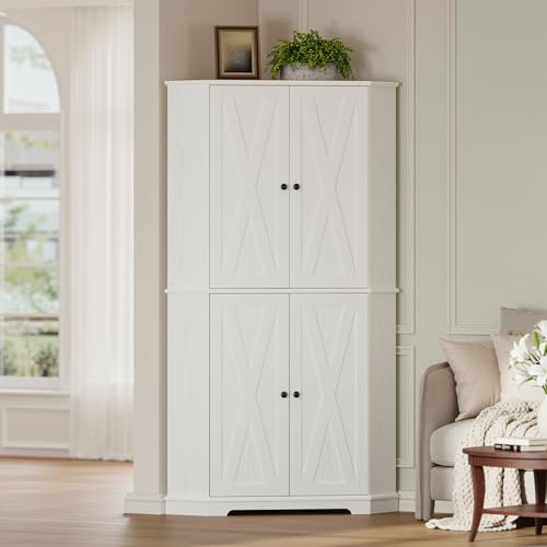 IRONCK Corner Cabinet, 72" H Kitchen Pantry Storage Cabinet, 4 Barn Doors with Storage Rack, 4 Adjustable Shelves, 6-Tier Tall Food Pantry Cabinet, Farmhouse Hutch for Kitchen Dining Room, White IRONCK