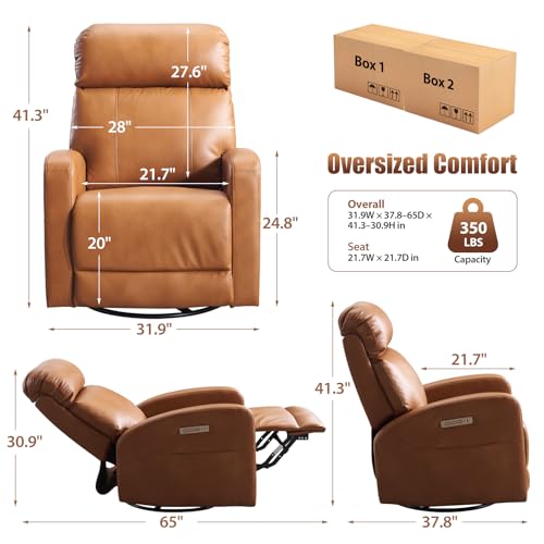 Lynkron Breathable Air Leather Power Swivel Rocker Recliner, 2-Zone Electric Adjustment (Headrest Independent, Back & Footrest Linked), 270° Swivel, 8-Mode Massage & Heat, USB/Type-C, Side Pocket