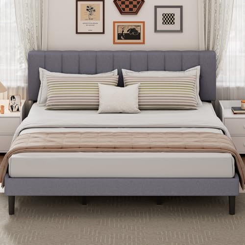 DUMOS King Size Bed Frame - Fabric Upholstered Platform Bed with Headboard, 800LBS Sturdy Wooden Slats Support, No Box Spring Needed, Noise Free, Easy Assembly, Grey DUMOS