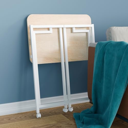 4NM 23.6" Mobile Small Rolling Computer Desk, Folding Laptop Cart Table with Wheels, Portable Office Desk for Small Space Couch Bed - Natural and White 4NM