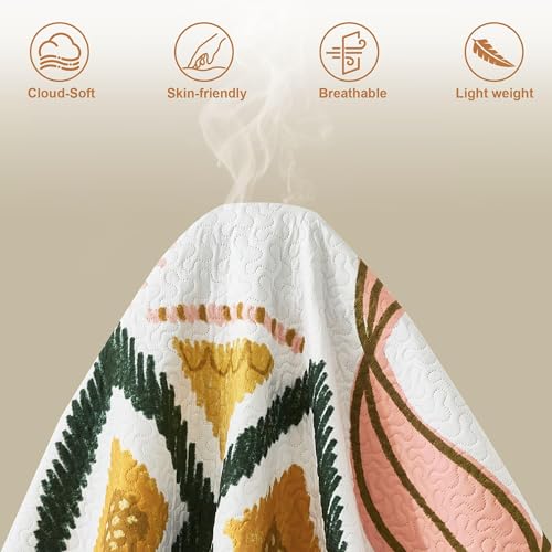 Tyrot 3 Piece Boho Floral King Size Quilt Sets Farmhouse Botanical Reversible Lightweight Bedspread Coverlet with 2 Shams Mid Century Leaves Microfiber Bedding Quilts Set for All Season, 106''x96'' Tyrot