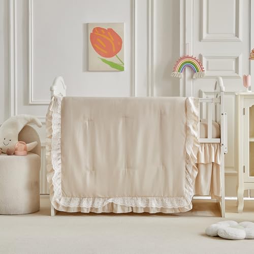 Lace Ruffle Crib Bedding Set 3 Pieces Baby Boho Lace Quilted Comforter with Fitted Sheet and Bed Skirt - Cute Ruffled Shabby Chic Baby Bedding Soft Blanket Design Pink UOZZI BEDDING