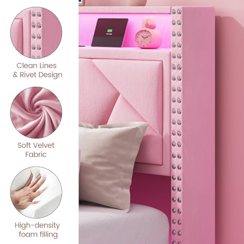 MSmask Twin Bed Frames with LED Lights, Storage Headboard with Charging Station, Drawers, Upholstered Bed Twin Size with Solid Wood Slat, No Box Spring Needed, Easy Assembly, Pink MSmask