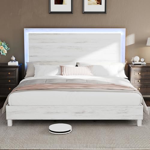 LUXOAK King Size Wood Bed Frame with RGBW LED Light, Mid-Century Modern Platform Bed with Floating Headboard and Solid Wood Legs, No Box Spring Needed, Easy Assembly, Distressed White LUXOAK