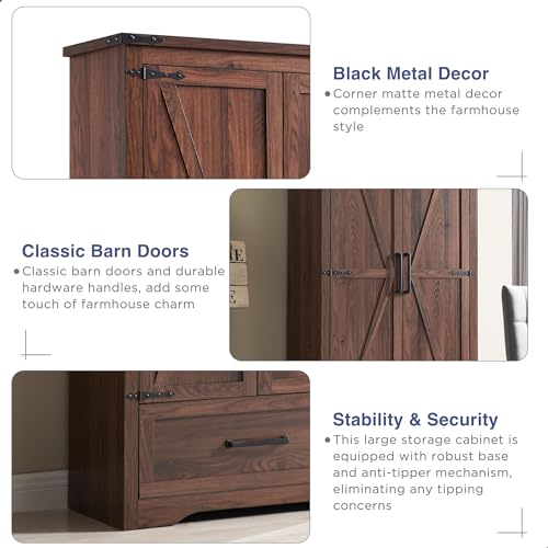 JXQTLINGMU 72" Tall Farmhouse Kitchen Pantry with Adjustable Shelves, Large Wood Storage Cabinet with Drawer & 2 Barn Doors, Versatile Storage for JXQTLINGMU