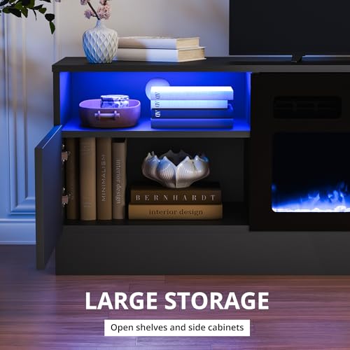 Cozy Castle Fireplace Tv Stand with 30”Electric Fireplace Up to 75" Tvs,LED High Gloss Modern Tv Stand for 65 70" Tv,Entertainment Center Tv Console with Storage,Charging Station for Living Room,Black Cozy Castle