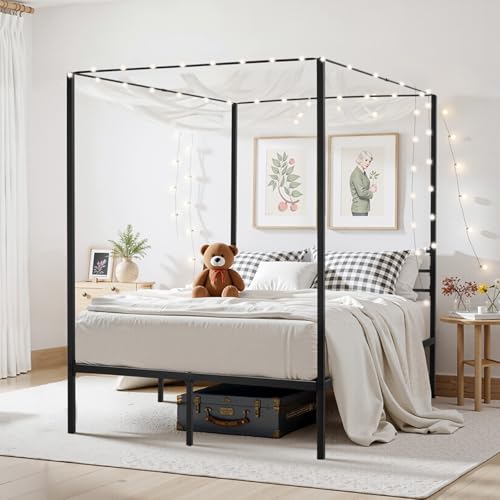 VEVOR Canopy Bed Frame Full Size, Metal Canopy Bed with Four Posters Design, Heavy Duty Steel Slats Support, Underbed Storage Space, No Box Spring Needed, Easy Assembly, Black