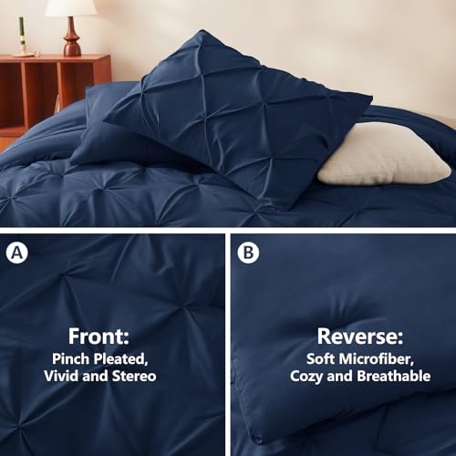 CozyLux Queen Comforter Set Navy Blue, 7 Pieces Pintuck Bed in A Bag, Premium Blue Comforter Queen Size, Pinch Pleat Bedding Sets with Comforter, Sheets, Pillowcases & Shams CozyLux