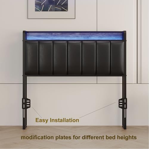 Muluflower Twin Size Upholstered Headboard with LED Lights & Charging Station, PU Upholstery, Twin Headboard Only, Height Adjustable, Attach Frame, Sturdy and Stable, Easy Assembly Muluflower