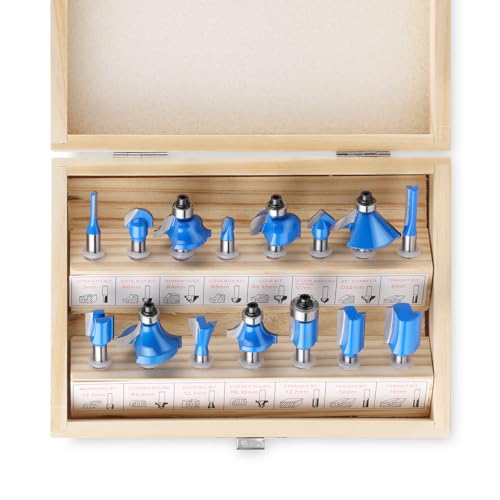 Router Bits Set of 15 Pieces 1/4 Inch Woodwork Tools for Beginners,Chamfer Router Bits for Woodworking on Wood Chamfer Router Bits for Woodworking on Wood (1/4 inch Shank, 15 Pieces) JGZUI