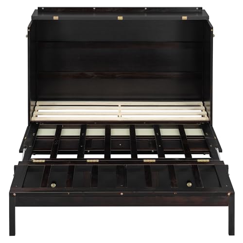 Merax Farmhouse Wood Murphy Bed Chest, Foldable Wall Platform Bed with Storage Drawer/Space Saving/Wood Slat Support/Full, Espresso +Natural