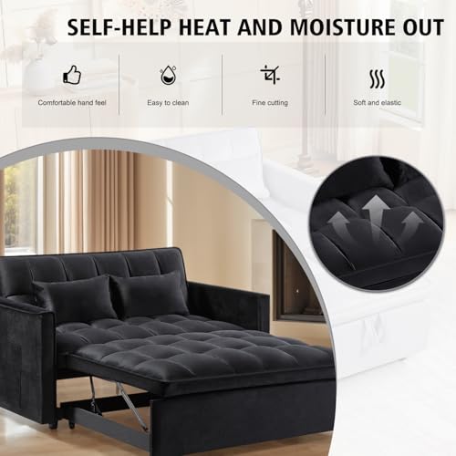 3 in 1 Convertible Sleeper Sofa Bed, 54'' Full Size Velvet Pull Out Futon Couch Recliner with Reclining Backrest & 2 Pillows, Small Loveseat Lounge Couches for Small Spaces (Black) Generic