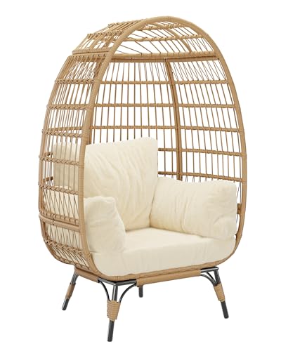 GAOMON Oversize Wicker Egg Chair with Plush Cushion, Rattan Egg Basket Lounge Chair Winter Egg-Shaped Chair w/Steel Frame and 4 Cushions for Patio, Porch, Beige GAOMON