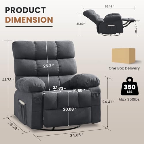 Swivel Rocker Recliner Chair for Adults, 360ยฐ Upholstered Manual Recliners for Small Spaces, Single Seat Glider Reclining Chair with Side Pockets, Ergonomic Reading Chair for Living Room, RV, Bedroom