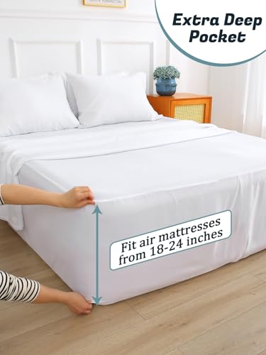 Extra Deep Pocket Twin Sheet Set for Air Mattress, 3 Piece Air Bed Sheets Set with 18-24 Inches Depth, Soft & Breathable Inflatable Bed Sheet Set with Flat Sheet, Fitted Sheet and Pillowcase, White Akicia