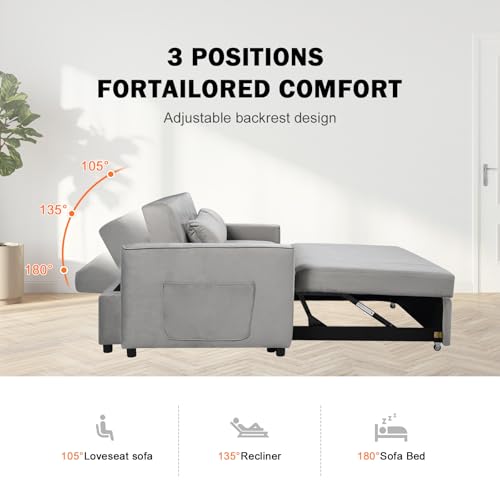 Hixkol 3 in 1 Convertible Sleeper Sofa Bed,55.51" Velvet Futon Sofa Bed, Pull Out Couch for Bedroom&Living Room, Loveseat Sofa Bed with Storage Pockets & 2 Toss Pillows,Adjustable Backrest(Grey) Hixkol