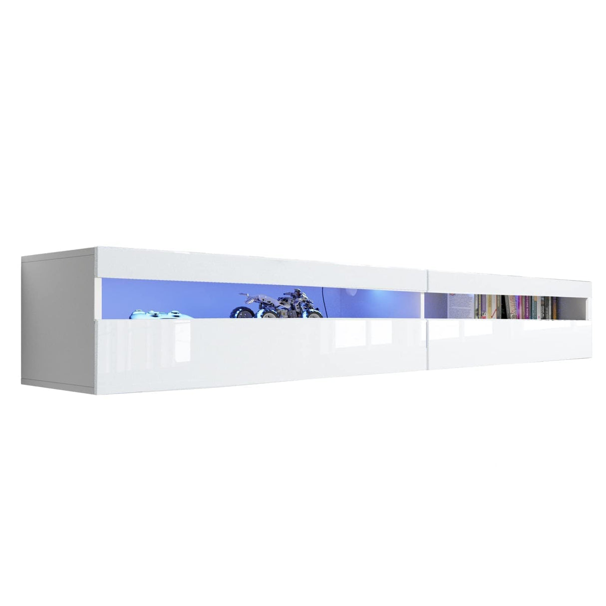 Floating TV Stand Wall Mounted with Power Outlet, Modern Floating Entertainment Center for 80 Inch TV, High Gloss Floating TV Shelf with LED Lights for Living Room, Bedroom, White Doredo