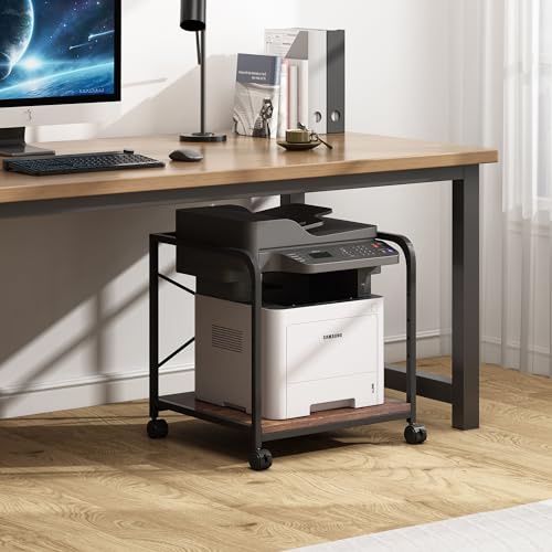 Fannova Under Desk Printer Stand, 20 Inches Deep Large Printer Table with Height Adjustable Storage Shelf, 2 Tier Rolling Printer Cart with Wheels for Home Office - Rustic Brown Fannova