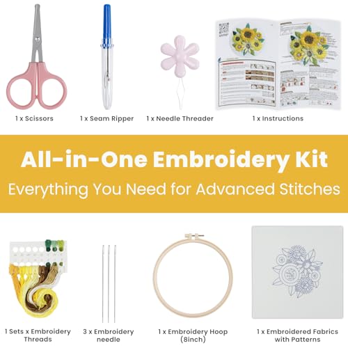 HTVRONT Embroidery Kit for Beginners, 3D Sunflower Embroidery Kits with Step-by-Step Video Tutorials, Simple 5 Stitches Beginner Embroidery Kit for Adults Crafts