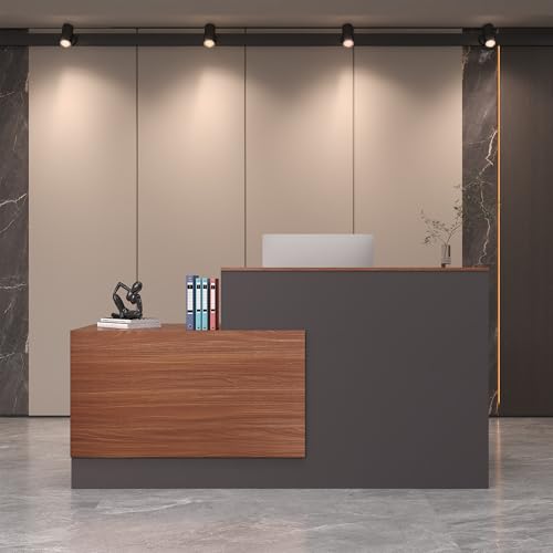 Zethvax L-Shaped Reception Desk,Large Front Desk with Keyboard Tray, Lockable Drawers & File Cabinet, Receptionist Desk for Checkout,Lobby (Right L-Walnut/Slate Gray, 71''L x 23.6''W x 41.3''H) Zethvax