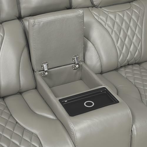 Lexicon Power Double Reclining Loveseat, Center Console/Heat/Massage/Headrest/Storage Arms/Cup Holders/LED Lights/Wireless Charging, Top Grain Leather Match Wall Hugger Recliner Loveseat, Grey Lexicon