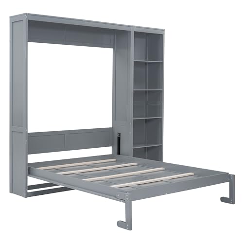 Ball & Cast Murphy Bed Queen Size with Five-Layer Cabinet,Solid Wood Storage Hidden Wall Bedframe,W/Folding Designed,Space-Saving,for Home Office,Study,Guest Room,Gray Ball & Cast