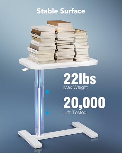HUANUO 28Inch Bedside Table with Wheels, Height-Adjustable Rolling Computer Cart, Overbed Table with Cup Holder, Pneumatic Laptop Standing Desk for Home Office, White HUANUO